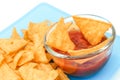 Dipping tortilla chips with salsa sauce in dish on white background Royalty Free Stock Photo
