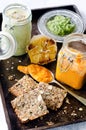 Dips and spread with seeded bread as a snack