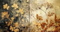 A diptych of abstract autumn background in vintage style. Chemigram and photogram image