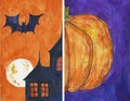 Halloween Poster. Pumpkin on violet background. Dark silhouette of a house, bat. Moon. Orange sky. Watercolor illustration