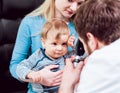 Direct ophthalmoscopy. Retinal examination. Fundoscopy. Child vision test. Royalty Free Stock Photo