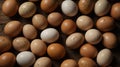 Direct overhead image of a collection of eggs on a wooden surface. Royalty Free Stock Photo