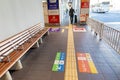 Direction guide label on the floor ofShinjuku expressway bus terminal