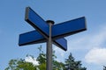 Direction road sign mock up. Real arrow form tables with blank empty space to add any text or symbols. Four destinations plates on Royalty Free Stock Photo