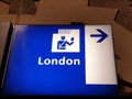 Direction sign on the international platform of Rotterdam Central Station for passport control for passengers to London with the E