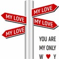 Direction sign with loving words. Valentines day vector illustration. Royalty Free Stock Photo