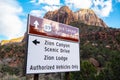 Direction sign to Bryce Canyon and Zion Canyon - UTAH, USA - MARCH 20, 2019