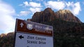 Direction sign to Bryce Canyon and Zion Canyon - UTAH, USA - MARCH 20, 2019
