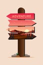 Direction Signboard with sunset nature landscape. Adventure sign direction. Vector illustration Royalty Free Stock Photo