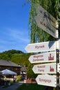 Direction signs, street signs indicating the city`s main tourist attractions. Kazimierz Dolny, Poland