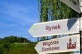 Direction signs, street signs indicating the city`s main tourist attractions. Kazimierz Dolny, Poland