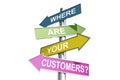 Direction street post with word where are your customers on colorful banner