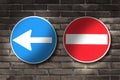 Directional arrow road sign and no entry road sign against a brick wall - concept image Royalty Free Stock Photo