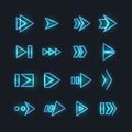 Directional neon arrows. Pointers, orientation arrowhead with luminosity effect. Futuristic hud interface vector