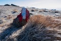 Directional path mark with Austrian flag on rock on hiking trail near Ladinger Spitze, Saualpe, Carinthia, Austria. Morning frost Royalty Free Stock Photo