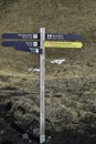 Directional sign at Black Beach, Iceland indicating directions to the Beach, restaurant, parking and toilets. Warning that there Royalty Free Stock Photo