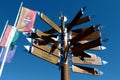 Directional sign with distances on wooden boards to famous cities Royalty Free Stock Photo