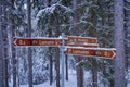 Directional sign in Repovesi National Park in winter. Showing distance to different campfire sites. Kouvola, Finland