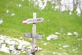 Directional signs along the trails of Marmarole, Dolomites.
