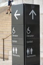 Directional signs show tourists where to access exhibits, restrooms, and elevators. Taken at the Lincoln Memorial in Washington DC