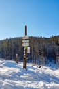 Directional signs for tourist trails in Mala Laka Valley Dolina Malej Laki nearby Zakopane in Tatra mountains