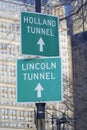 Directions signs to Holland Tunnel and Lincoln Tunnel in Manhattan- MANHATTAN - NEW YORK - APRIL 1, 2017