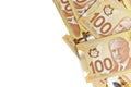 Directly Above Image of Crisp Canadian 100 One Hundred Dollar Bills on a White Background Royalty Free Stock Photo