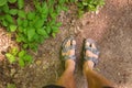 Directly Above POV shot of Man& x27;s Feet in Sandals beside a Patch of Poison Ivy Plants on a Sunny Day Royalty Free Stock Photo