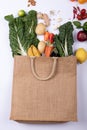 Directly above shot of vegetables and fruits with various ingredient on white background, copy space