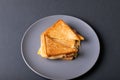 Directly above view of fresh cheese toast sandwich served in plate on blue background Royalty Free Stock Photo