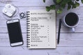 Directly above view of wooden desk with accessories with text on the notepad Royalty Free Stock Photo