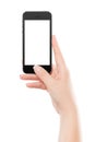 Directly front view of a modern black mobile smart phone in female hand Royalty Free Stock Photo