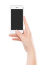 Directly front view of a modern white mobile smart phone in female hand Royalty Free Stock Photo