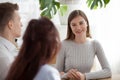 Employers and positive candidate sitting in office during interv Royalty Free Stock Photo