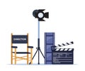 Director chair, camera, lighting, clapperboard, filmstrip. Movie, cinema making professional equipment for recording film. Vector