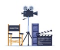 Director chair, camera, lighting, clapperboard, filmstrip. Movie, cinema making professional equipment for recording film. Vector