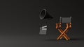 Director chair, clapperboard and megaphone on black background Royalty Free Stock Photo