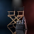Director Chair, Movie Clapper and Megaphone in the Color Volumetric Light. 3d Rendering