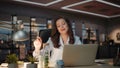 Director communicating video chat laptop evening cabinet. Businesswoman talking Royalty Free Stock Photo