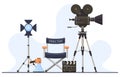 Director film sets. Movie camera, director chair, megaphone and clapperboard, film director cinema concept. Film Royalty Free Stock Photo