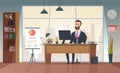 Director office. Interior businessman sitting at the table vector office cartoon picture