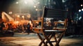 Director's chair, blurry film set in the background Royalty Free Stock Photo