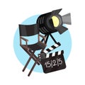 Directors chair, spotlight and movie clapper board in a blue circle. Vector illustration on a white background. Royalty Free Stock Photo