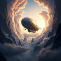 A dirigible or airship floats through a dramatic mountainous landscape, with towering Royalty Free Stock Photo