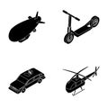 A dirigible, a children s scooter, a taxi, a helicopter.Transport set collection icons in black style vector symbol