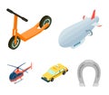 A dirigible, a children`s scooter, a taxi, a helicopter.Transport set collection icons in cartoon style vector symbol