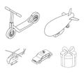 A dirigible, a children`s scooter, a taxi, a helicopter.Transport set collection icons in outline style vector symbol