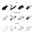 A dirigible, a children scooter, a taxi, a helicopter.Transport set collection icons in black,monochrome,outline style