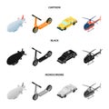 A dirigible, a children scooter, a taxi, a helicopter.Transport set collection icons in cartoon,black,monochrome style