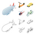 A dirigible, a children scooter, a taxi, a helicopter.Transport set collection icons in cartoon,outline style vector
